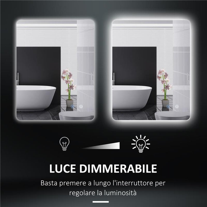 SPECCHIO BAGNO CON LUCI LED REGOLABILI INTERRUTTORI TOUCH E FUNZIONE ANTIAPPANNAMENTO 70X50 CM