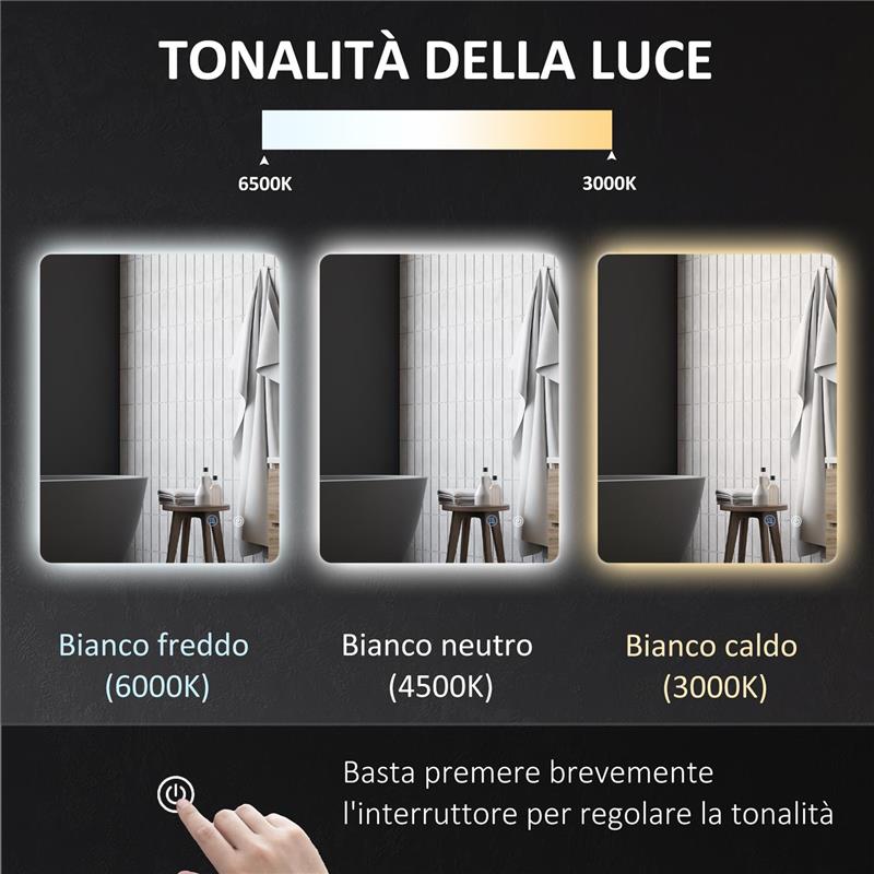 SPECCHIO BAGNO CON LUCI LED REGOLABILI INTERRUTTORI TOUCH E FUNZIONE ANTIAPPANNAMENTO 70X50 CM