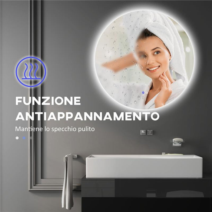 SPECCHIO BAGNO CON LUCI LED REGOLABILI INTERRUTTORI TOUCH E DESIGN ANTIAPPANNAMENTO Ø 70 CM