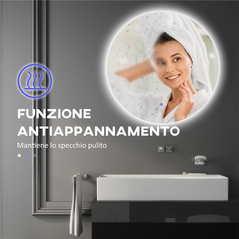 SPECCHIO BAGNO CON LUCI LED REGOLABILI INTERRUTTORI TOUCH E DESIGN ANTIAPPANNAMENTO Ø 70 CM