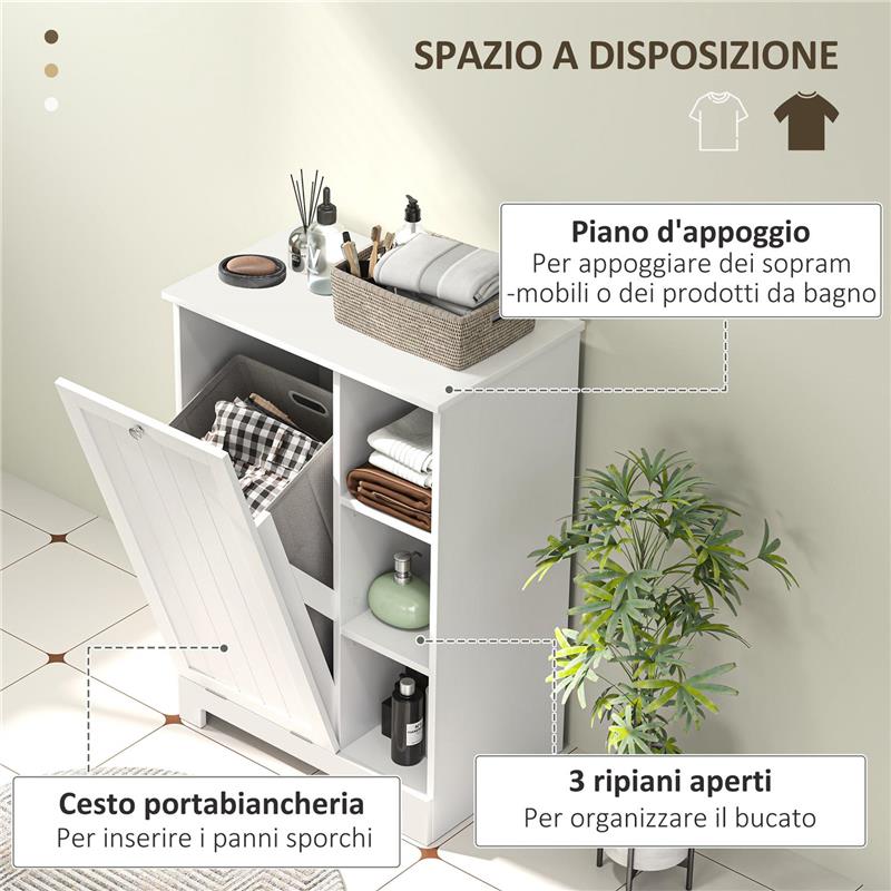 MOBILE BAGNO PORTABIANCHERIA CON CESTO RIMOVIBILE E RIPIANI REGOLABILI 60X38X86 CM BIANCO