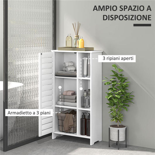 MOBILE BAGNO CON ARMADIETTO CHIUSO A 3 LIVELLI E 3 RIPIANI APERTI IN LEGNO BIANCO 48X24X96.5 CM