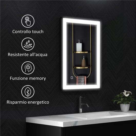 SPECCHIO DA BAGNO ILLUMINATO A LED CON COLORE E TEMPERATURA REGOLABILE E CORNICE IN ALLUMINIO 70X3X50 CM NERO