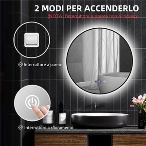 SPECCHIO BAGNO CON LUCE LED REGOLABILE ANTIAPPANNAMENTO E DISPLAY TEMPO E TEMPERATURA Ø 70 CM NERO