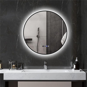 SPECCHIO BAGNO CON LUCE LED REGOLABILE ANTIAPPANNAMENTO E DISPLAY TEMPO E TEMPERATURA Ø 70 CM NERO
