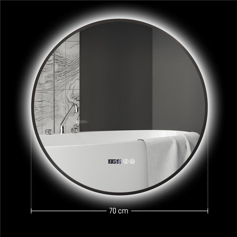 SPECCHIO BAGNO CON LUCE LED REGOLABILE ANTIAPPANNAMENTO E DISPLAY TEMPO E TEMPERATURA Ø 70 CM NERO