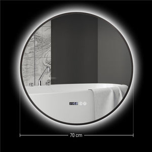 SPECCHIO BAGNO CON LUCE LED REGOLABILE ANTIAPPANNAMENTO E DISPLAY TEMPO E TEMPERATURA Ø 70 CM NERO
