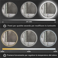 SPECCHIO BAGNO CON LUCE LED REGOLABILE ANTIAPPANNAMENTO E DISPLAY TEMPO E TEMPERATURA Ø 70 CM NERO