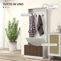 MOBILE APPENDIABITI 3 IN 1 CON 4 GANCI E PANCA CONTENITORE IN LEGNO 71.5X39.5X170 CM BIANCO