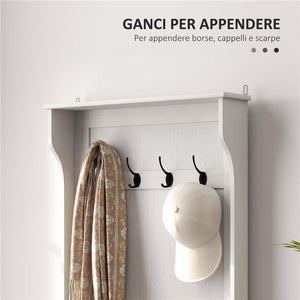 MOBILE APPENDIABITI 3 IN 1 CON 4 GANCI E PANCA CONTENITORE IN LEGNO 71.5X39.5X170 CM BIANCO