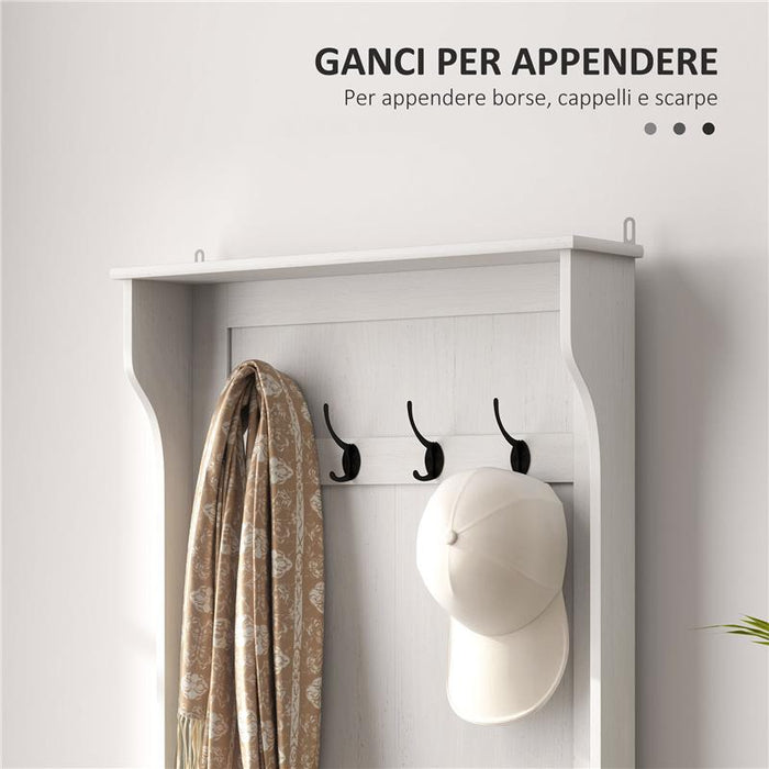 MOBILE APPENDIABITI 3 IN 1 CON 4 GANCI E PANCA CONTENITORE IN LEGNO 71.5X39.5X170 CM BIANCO