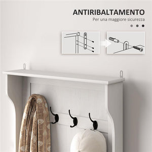 MOBILE APPENDIABITI 3 IN 1 CON 4 GANCI E PANCA CONTENITORE IN LEGNO 71.5X39.5X170 CM BIANCO