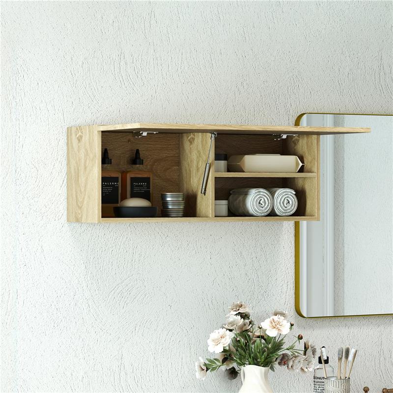 MOBILETTO BAGNO PENSILE CON ANTA A RIBALTA E RIPIANI 80X25X30 CM LEGNO NATURALE