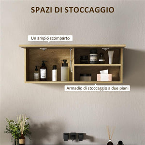 MOBILETTO BAGNO PENSILE CON ANTA A RIBALTA E RIPIANI 80X25X30 CM LEGNO NATURALE
