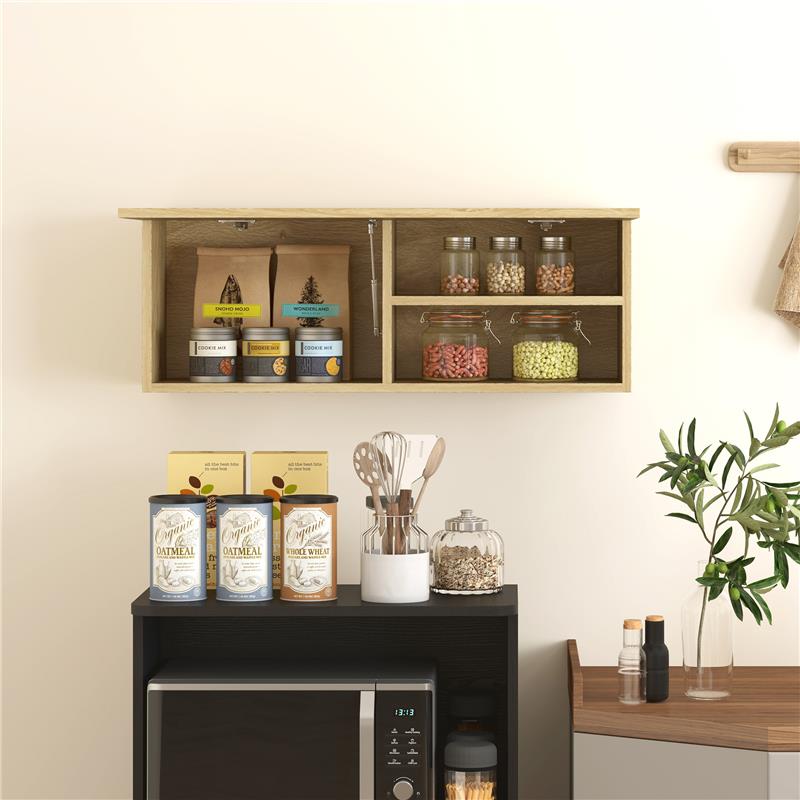 MOBILETTO BAGNO PENSILE CON ANTA A RIBALTA E RIPIANI 80X25X30 CM LEGNO NATURALE