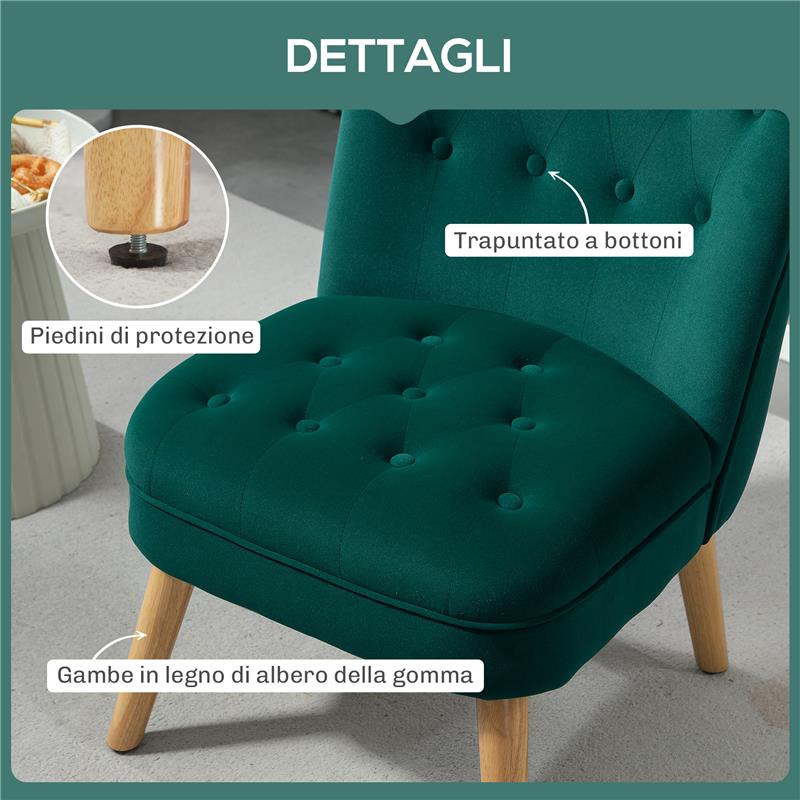 POLTRONA PER SALOTTO IN VELLUTO CON SEDUTA IMBOTTITA E TRAPUNTATA A BOTTONI 60X66X79 CM VERDE