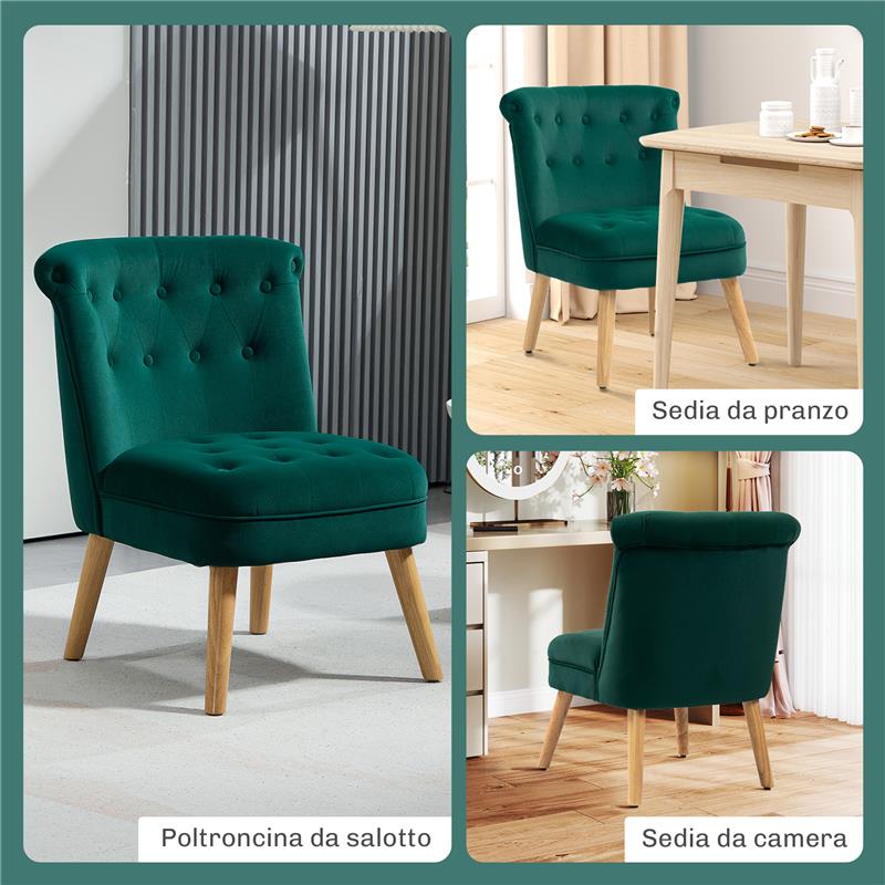POLTRONA PER SALOTTO IN VELLUTO CON SEDUTA IMBOTTITA E TRAPUNTATA A BOTTONI 60X66X79 CM VERDE
