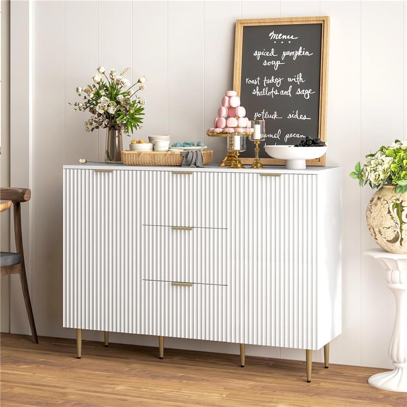 CREDENZA MODERNA CON 3 CASSETTI 2 ARMADIETTI E RIPIANI REGOLABILI LEGNO E METALLO BIANCO