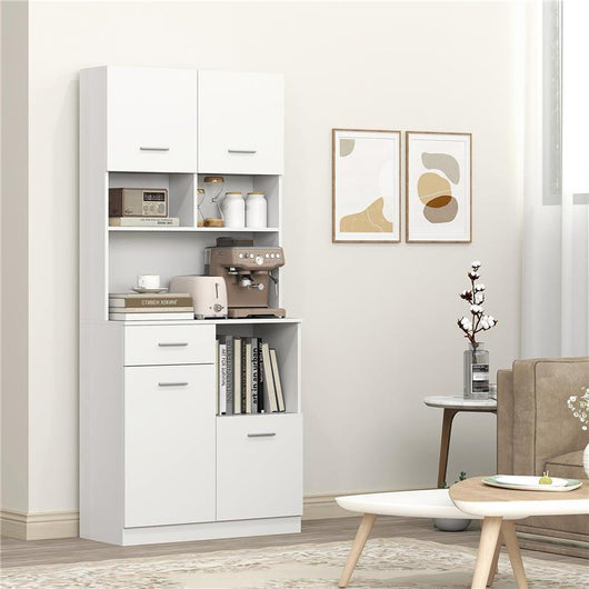 MOBILE DISPENSA IN LEGNO CON CASSETTO 4 ARMADIETTI E 3 RIPIANI APERTI 80X35X180 CM BIANCO