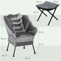 POLTRONA MODERNA CON POGGIAPIEDI E 2 TASCHE LATERALI IN TESSUTO EFFETTO VELLUTO E ACCIAIO 80X78X100 CM GRIGIO