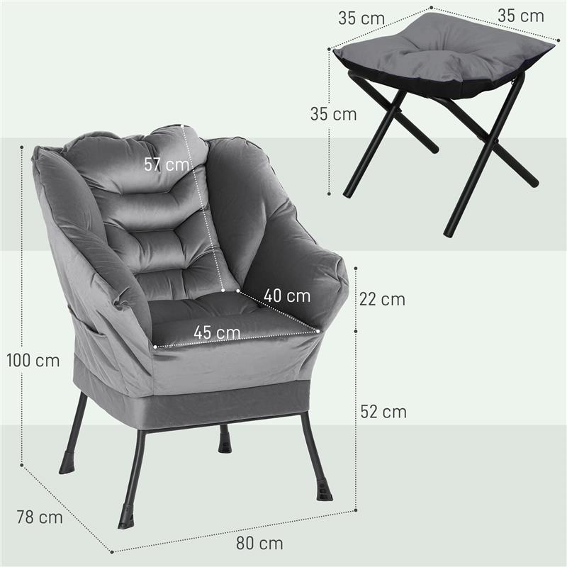 POLTRONA MODERNA CON POGGIAPIEDI E 2 TASCHE LATERALI IN TESSUTO EFFETTO VELLUTO E ACCIAIO 80X78X100 CM GRIGIO