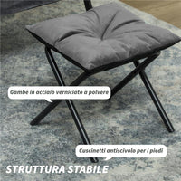 POLTRONA MODERNA CON POGGIAPIEDI E 2 TASCHE LATERALI IN TESSUTO EFFETTO VELLUTO E ACCIAIO 80X78X100 CM GRIGIO