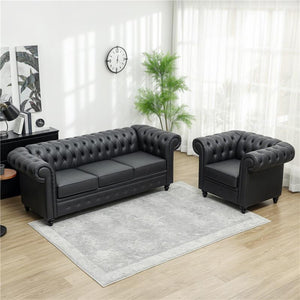 DIVANO 3 POSTI STILE CHESTERFIELD TRAPUNTATO CON MOLLE INSACCHETTATE FINTA PELLE 213X86X79 CM NERO