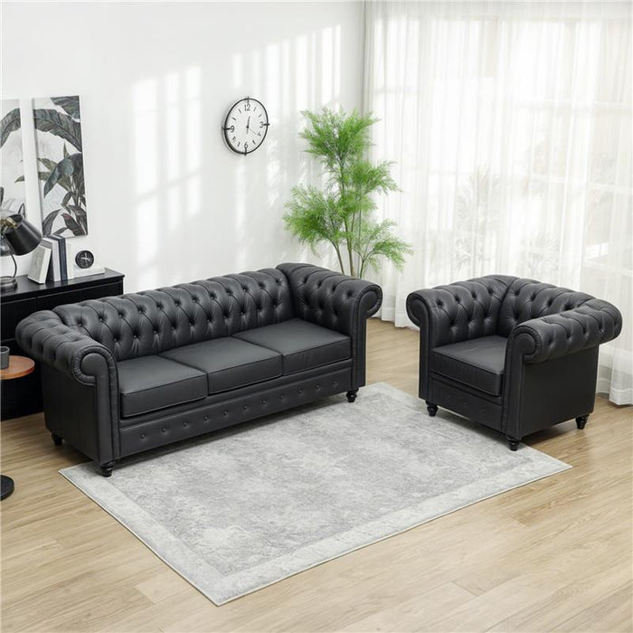 DIVANO 3 POSTI STILE CHESTERFIELD TRAPUNTATO CON MOLLE INSACCHETTATE FINTA PELLE 213X86X79 CM NERO