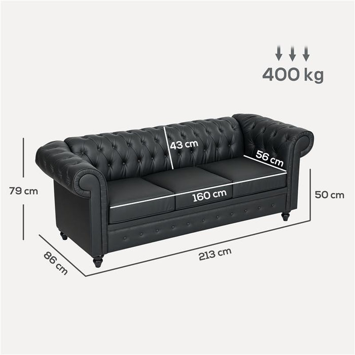 DIVANO 3 POSTI STILE CHESTERFIELD TRAPUNTATO CON MOLLE INSACCHETTATE FINTA PELLE 213X86X79 CM NERO