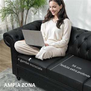 DIVANO 3 POSTI STILE CHESTERFIELD TRAPUNTATO CON MOLLE INSACCHETTATE FINTA PELLE 213X86X79 CM NERO