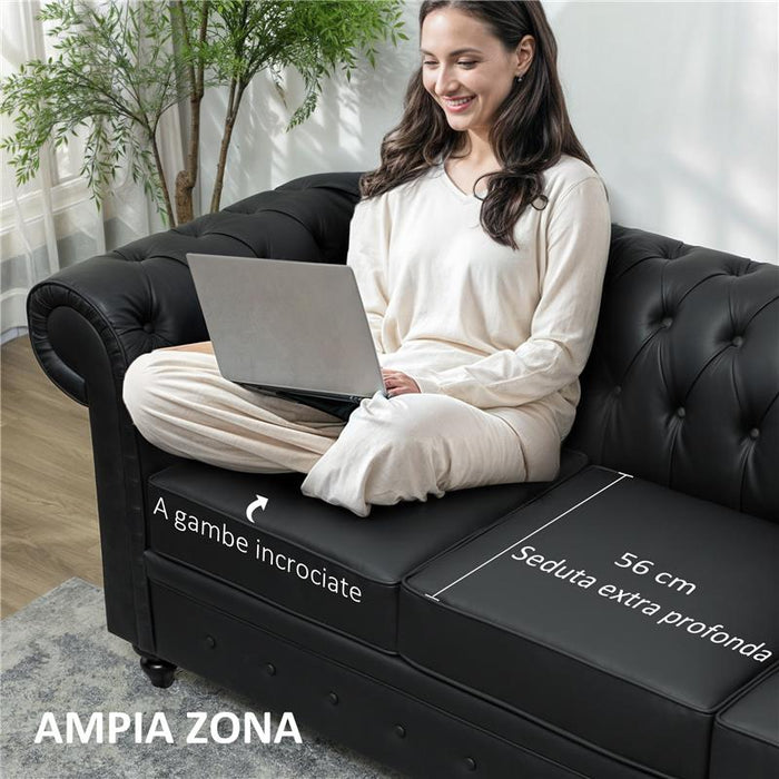 DIVANO 3 POSTI STILE CHESTERFIELD TRAPUNTATO CON MOLLE INSACCHETTATE FINTA PELLE 213X86X79 CM NERO