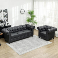 DIVANO 3 POSTI STILE CHESTERFIELD TRAPUNTATO CON MOLLE INSACCHETTATE FINTA PELLE 213X86X79 CM NERO