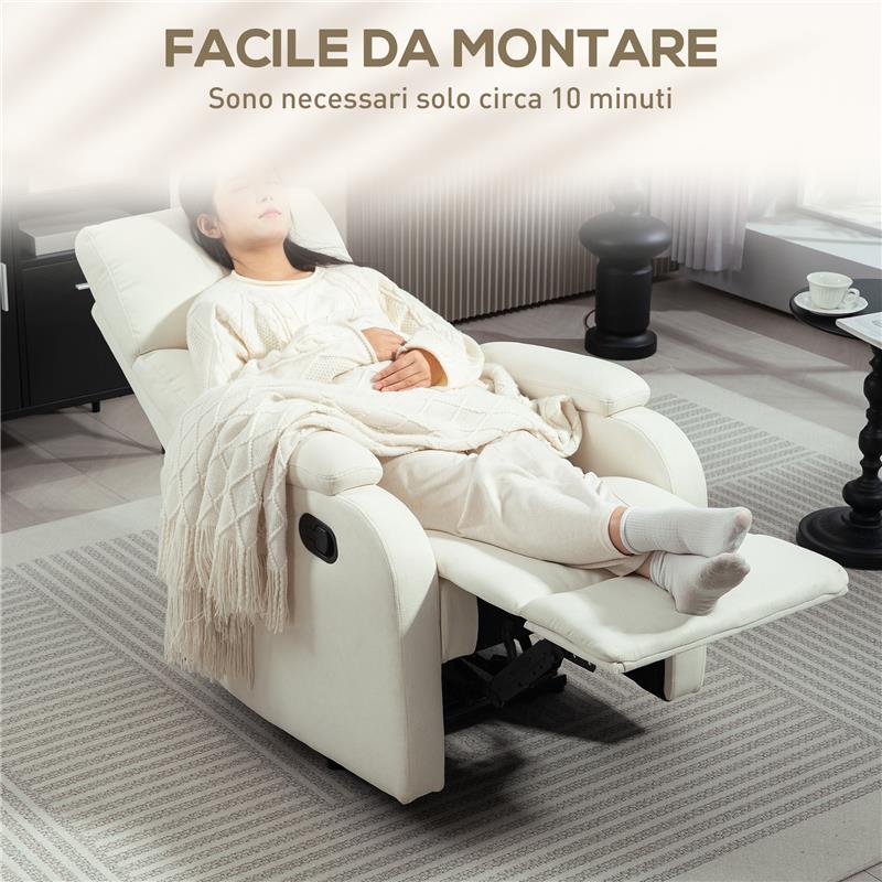 POLTRONA RECLINABILE MANUALMENTE A 60° EXTRA IMBOTTITA IN TESSUTO CON POGGIAPIEDI CREMA