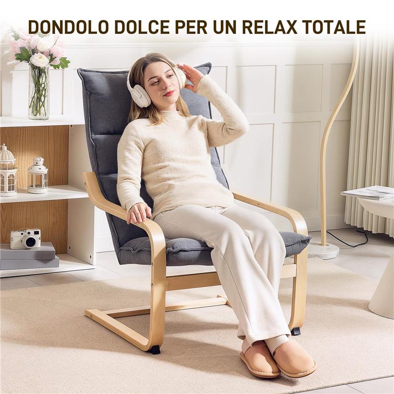 POLTRONA A DONDOLO MODERNA CON BRACCIOLI IN LEGNO E CUSCINI SPESSI IN VELLUTO 67X83X105 CM GRIGIO