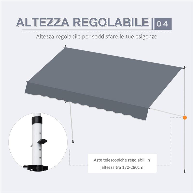 TENDA DA SOLE A BRACCI AVVOLGIBILE CON MANOVELLA E STRUTTURA TELESCOPICA 4X1.2M GRIGIO