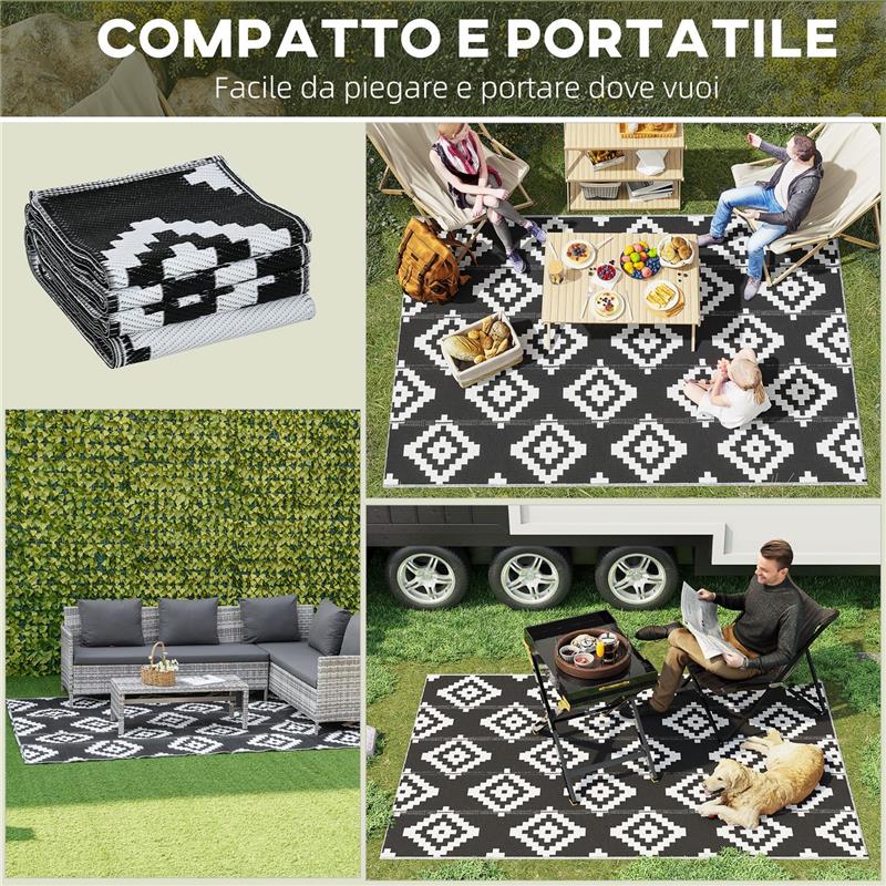 TAPPETO ESTERNO PER BALCONE E TERRAZZA REVERSIBILE CON FANTASIA GEOMETRICA 2.74X1.82 M NERO E BIANCO