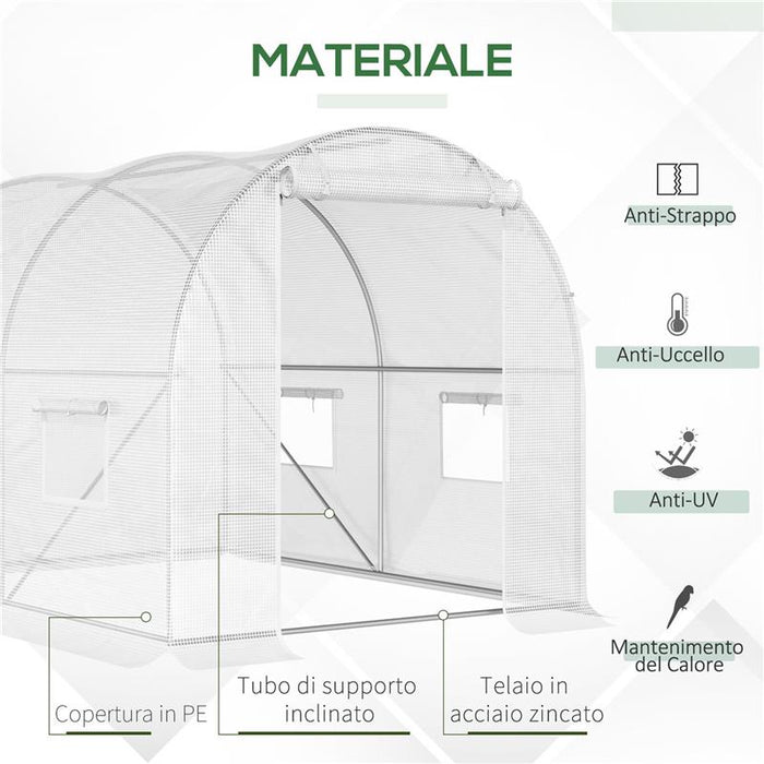 SERRA A TUNNEL CON 4 FINESTRELLE E INGRESSO A ZIP IN ACCIAIO ZINCATO E PE 3X2X1.9 M BIANCO