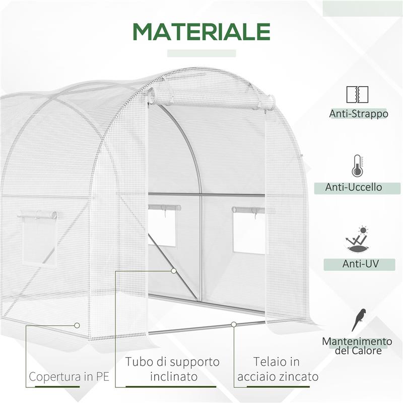 SERRA A TUNNEL CON 4 FINESTRELLE E INGRESSO A ZIP IN ACCIAIO ZINCATO E PE 3X2X1.9 M BIANCO