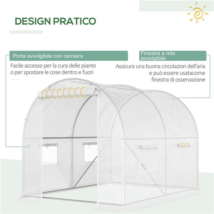 SERRA A TUNNEL CON 4 FINESTRELLE E INGRESSO A ZIP IN ACCIAIO ZINCATO E PE 3X2X1.9 M BIANCO