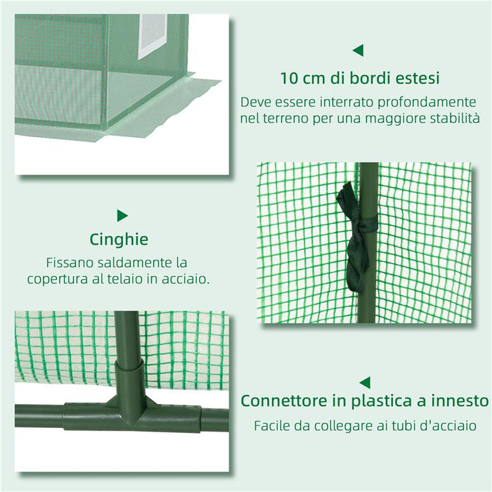SERRA PICCOLA CON 2 FINESTRELLE LATERALI E FINESTRA CENTRALE IN ACCIAIO PE E PP 240X90X90 CM VERDE