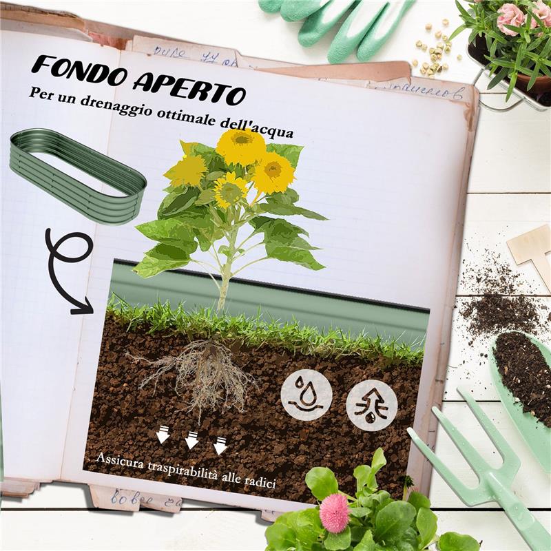 LETTO PER ORTO RIALZATO MODULARE 150X62X30CM IN ACCIAIO GALVANIZZATO CON FONDO APERTO VERDE