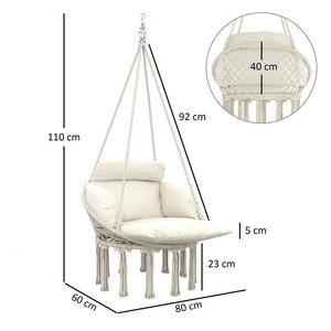 POLTRONA SOSPESA IN STILE BOHO CON CUSCINO IN ACCIAIO COTONE E POLIESTERE 80X60X40 CM BIANCO CREMA