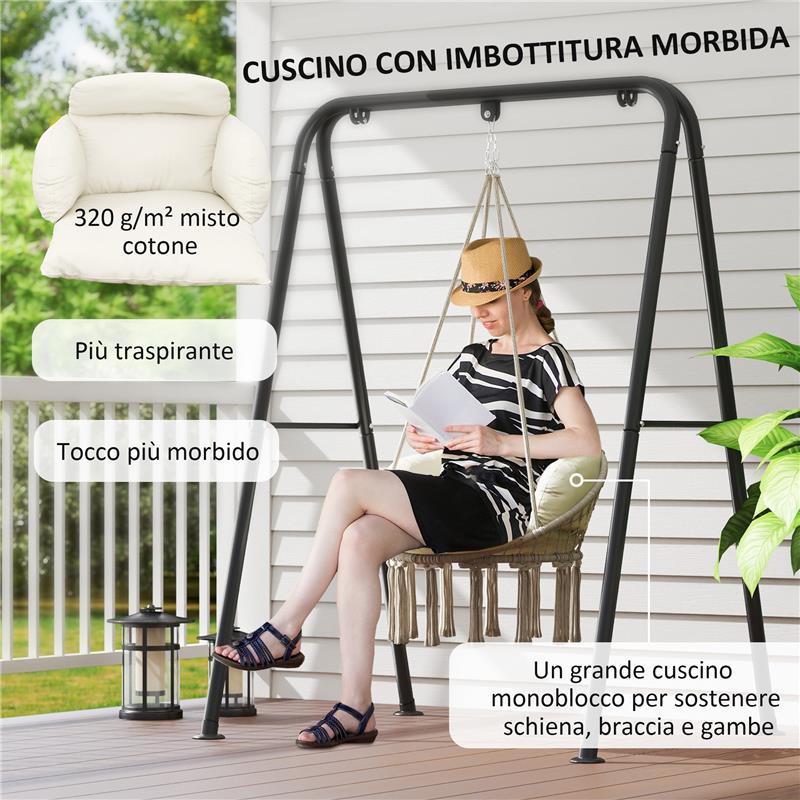 POLTRONA SOSPESA IN STILE BOHO CON CUSCINO IN ACCIAIO COTONE E POLIESTERE 80X60X40 CM BIANCO CREMA