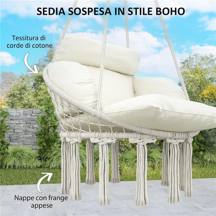 POLTRONA SOSPESA IN STILE BOHO CON CUSCINO IN ACCIAIO COTONE E POLIESTERE 80X60X40 CM BIANCO CREMA