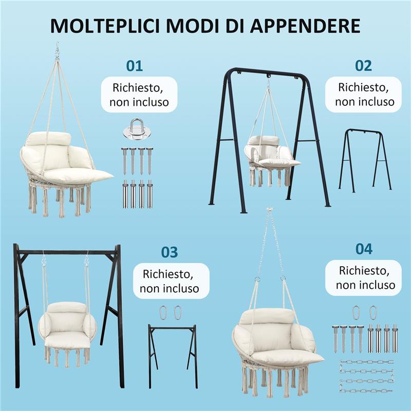 POLTRONA SOSPESA IN STILE BOHO CON CUSCINO IN ACCIAIO COTONE E POLIESTERE 80X60X40 CM BIANCO CREMA