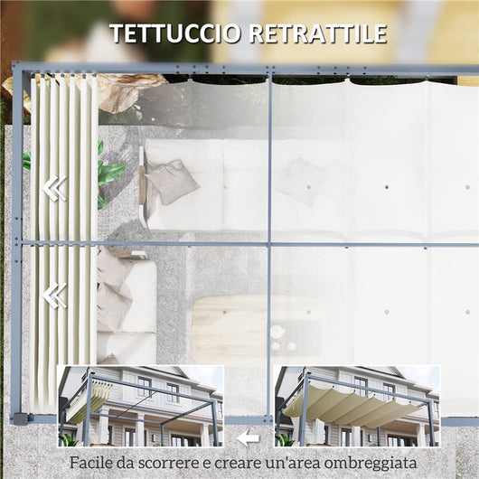 PERGOLA PER GIARDINO RETRATTILE 4X3 M CON LUCI LED E FORI DI DRENAGGIO IN ALLUMINIO E POLIESTERE BIANCO CREMA