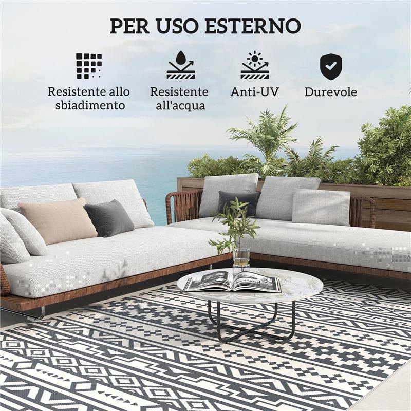 TAPPETO DA ESTERNO REVERSIBILE CON MOTIVO GEOMETRICO E BORSA INCLUSA 182X274 CM GRIGIO E BIANCO