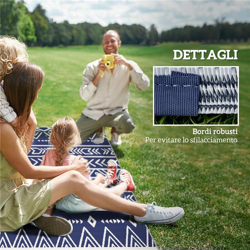 TAPPETO DA ESTERNO REVERSIBILE STILE GEOMETRICO CON BORSA DI TRASPORTO 182X274 CM BLU E BIANCO