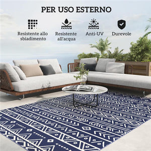 TAPPETO DA ESTERNO REVERSIBILE STILE GEOMETRICO CON BORSA DI TRASPORTO 182X274 CM BLU E BIANCO