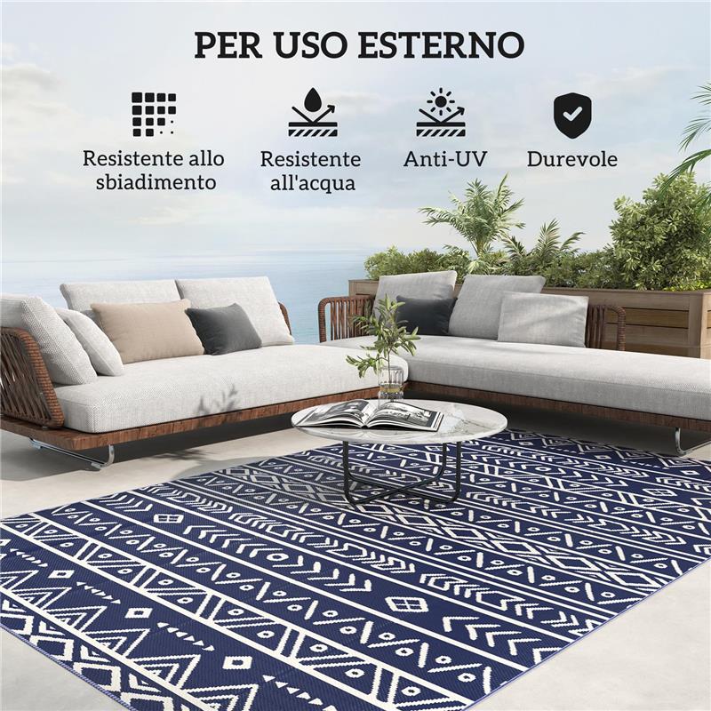 TAPPETO DA ESTERNO REVERSIBILE STILE GEOMETRICO CON BORSA DI TRASPORTO 182X274 CM BLU E BIANCO